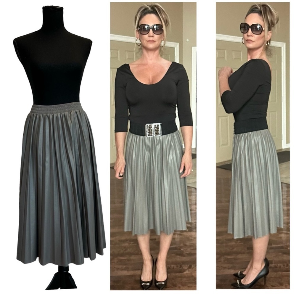Kate Hewko charcoal gray faux leather pleated A-line midi skirt  pleather vegan